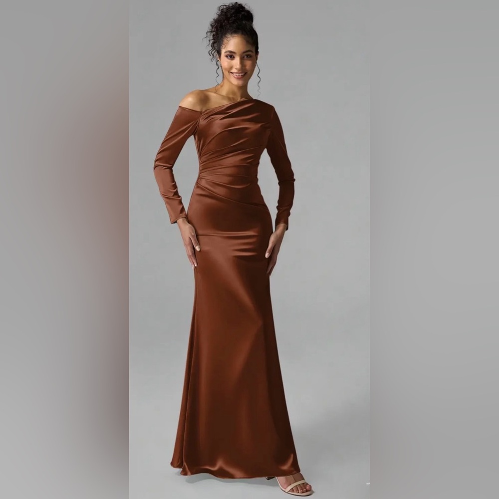 AW BRIDAL ANYA Satin Charmeuse Rusty tan Asymmetrical neckline long sleeve Sz 8
